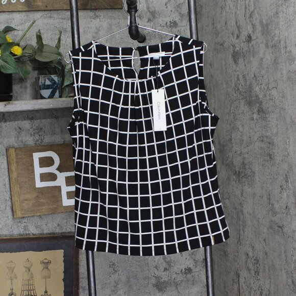 NWT Calvin Klein Womens Printed Pleat-Neck Blouse CSE1676F Black / Cream XL - Picture 4 of 7